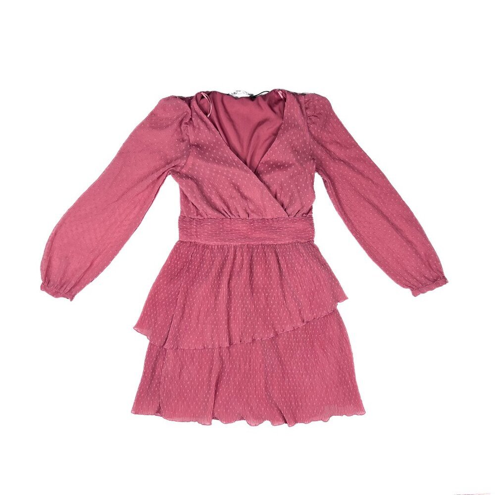 Zara Mauve Swiss Dot Surplice Tiered Ruffle Mini Dress Size‎ XS - Picture 2 of 9